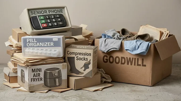 Pile of unwanted gifts including a senior phone, pill organizer, compression socks, and air fryer next to a Goodwill donation box