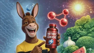 Gregory the donkey laughing while holding a nitric oxide supplement bottle, surrounded by glowing molecular graphics, vegetables, and a vibrant day-to-night background representing energy and circulation