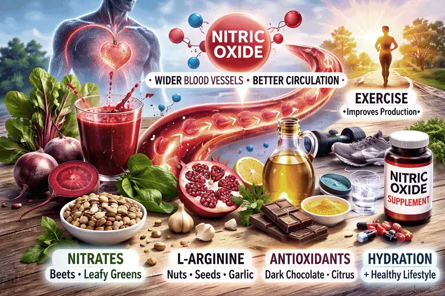 Foods that support nitric oxide production including beet juice, leafy greens, salmon, garlic, nuts, citrus, and dark chocolate arranged on a wooden table with a glowing blood flow illustration